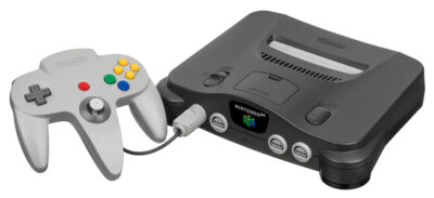 A Nintendo 64 console with its grey controller plugged in