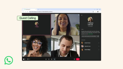 WhatsApp guest calling in a desktop browser, with a four-person video call and the call link panel — Meta