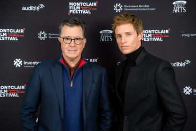 Eddie Redmayne, right, with Stephen Colbert at the Montclair Film Festival in October 2022