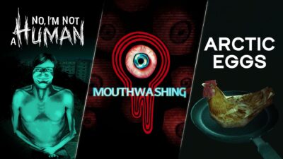 Mouthwashing key art with its eye logo, flanked by No, I’m Not a Human and Arctic Eggs, from Critical Reflex’s Xbox announcement