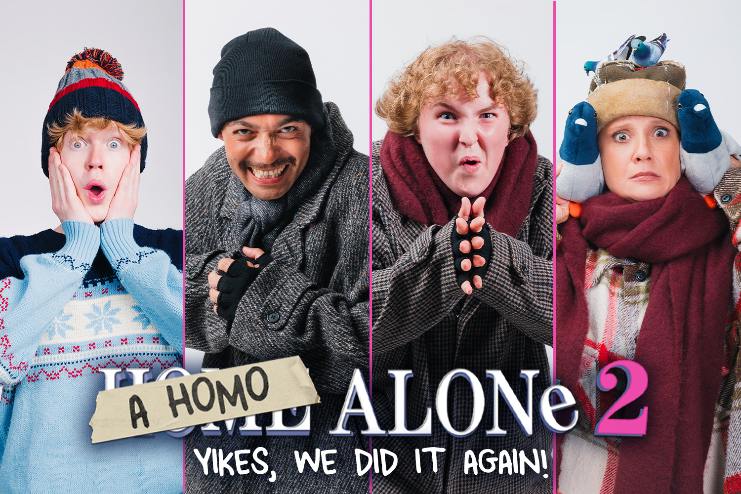 Thomas John Stocks as Kevin, Jermaine Woods, Charlotte Dixon and Jenny Bede in costume for A Homo Alone 2