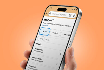 Amazon About You beta page on a smartphone, listing inferred shopping preferences — Amazon