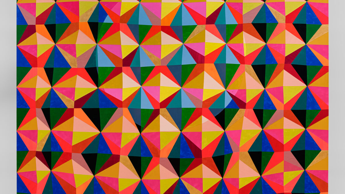 Geometric painting by Adia Millett with a dense grid of bright triangles in pink, yellow, green and blue