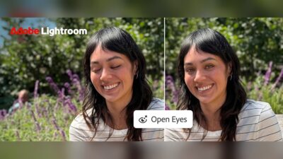 Adobe Lightroom Open Eyes before-and-after example, a smiling woman with closed eyes and the same photo with eyes opened — Image: Adobe