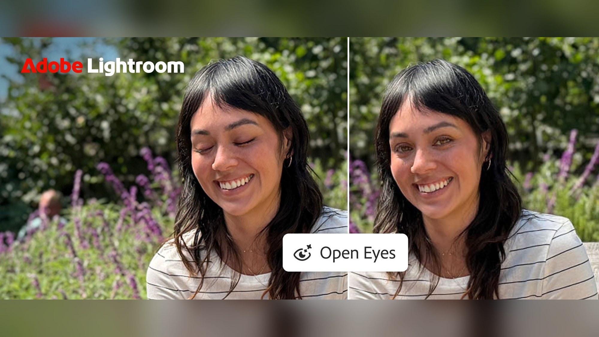 Adobe Lightroom Open Eyes before-and-after example, a smiling woman with closed eyes and the same photo with eyes opened — Image: Adobe