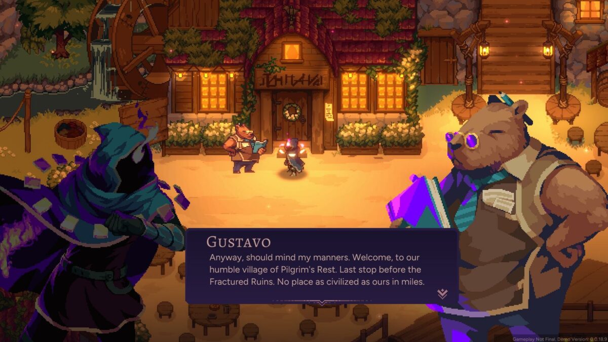 Aethermancer hub village at night, the hooded player character speaking with a capybara merchant