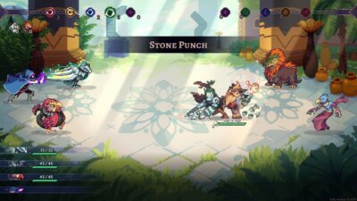Aethermancer turn-based battle in a sunlit temple courtyard, a monster party facing three enemies