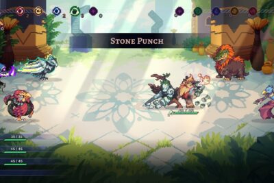Aethermancer turn-based battle in a sunlit temple courtyard, a monster party facing three enemies