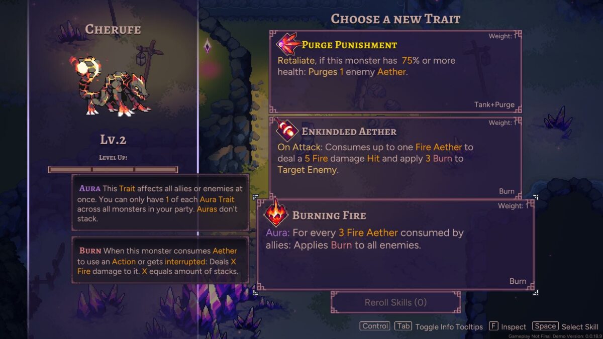 Aethermancer level-up screen offering three new traits for the monster Cherufe