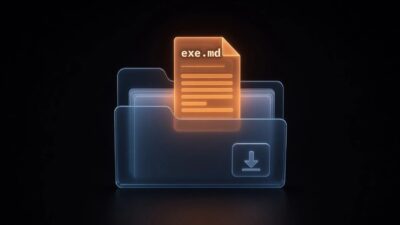 A glowing exe.md file rising out of a Downloads folder — Forever Security