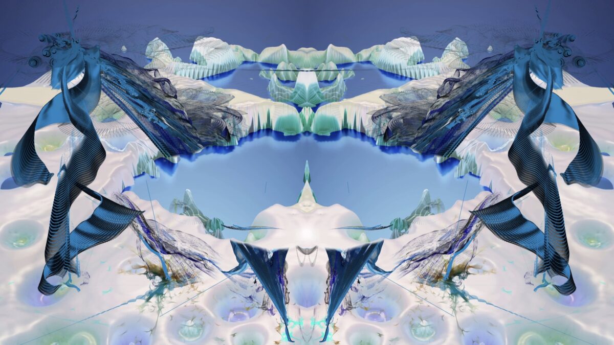 A mirrored digital landscape of blue ribbons and pale organic forms, a visual by Alba G. Corral