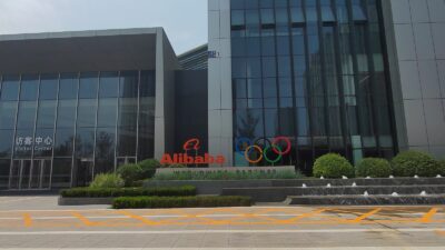 Alibaba logo outside the visitor center of Alibaba's Chaoyang Technology Park in Beijing