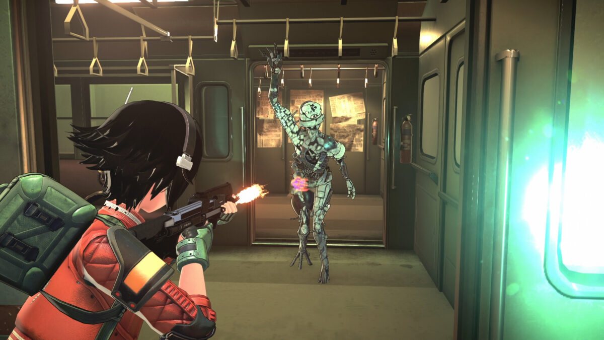 Reona Minazuki fires on a humanoid anomaly inside a subway car in ANOMALITH