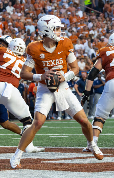 Arch Manning drops back to pass for the Texas Longhorns against UTSA at Darrell K Royal-Texas Memorial Stadium, September 14, 2024