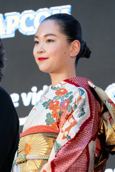 Arisa Nakano in a floral kimono on the red carpet of the 36th Tokyo International Film Festival, 2023