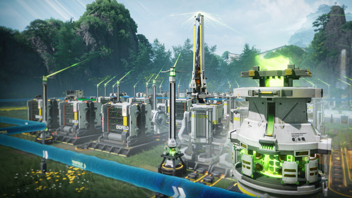An automated Endfield industrial base with power towers and production units in a green valley