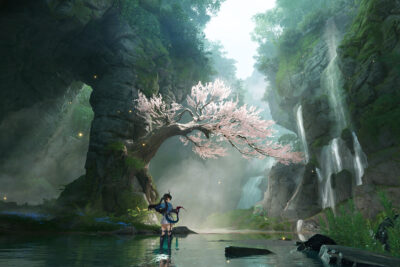 An Arknights Endfield operator wades through a misty canyon under a blossoming tree and waterfalls
