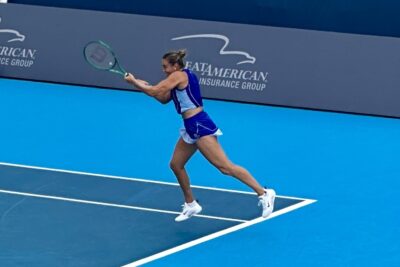 Aryna Sabalenka hitting a forehand on a hard court in 2026