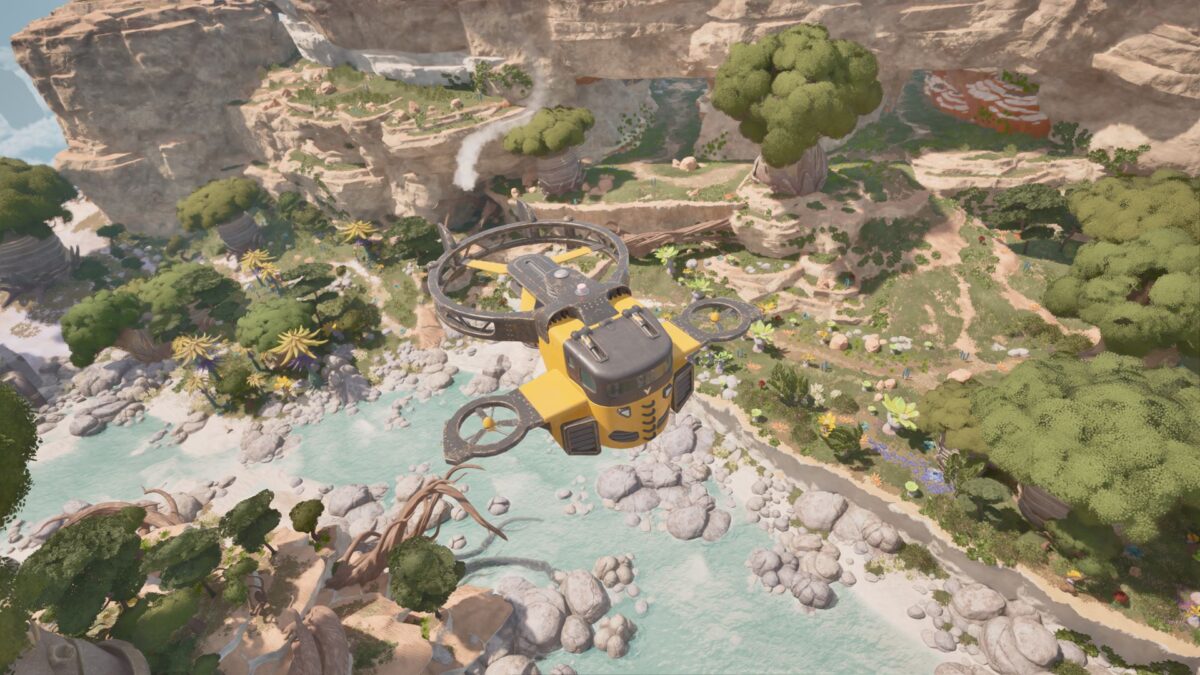 A yellow rotor-driven Wasp hovers over a turquoise river canyon in ATMOSFAR