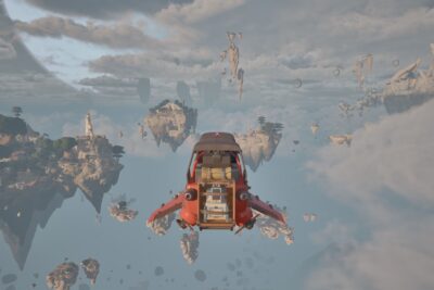 A red Wasp aircraft flies between floating islands under a ringed planet in ATMOSFAR