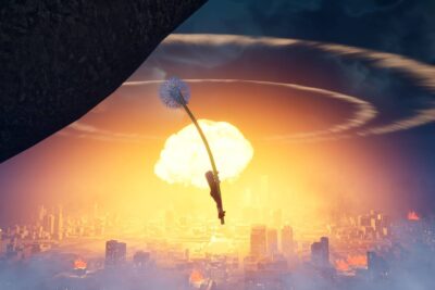 Ayasa clings to a giant dandelion stem above a burning city lit by an explosion in AYASA: Shadows of Silence