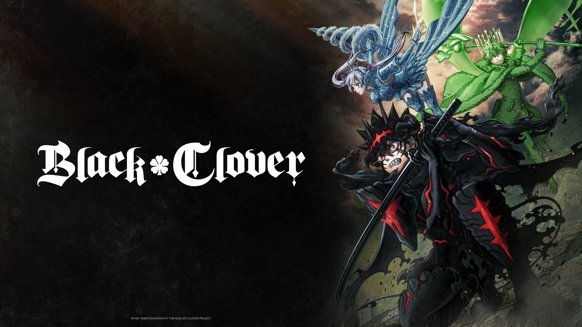 Black Clover Season 2 key visual: Asta in his black devil form with Noelle and Yuno in their spirit armour behind him