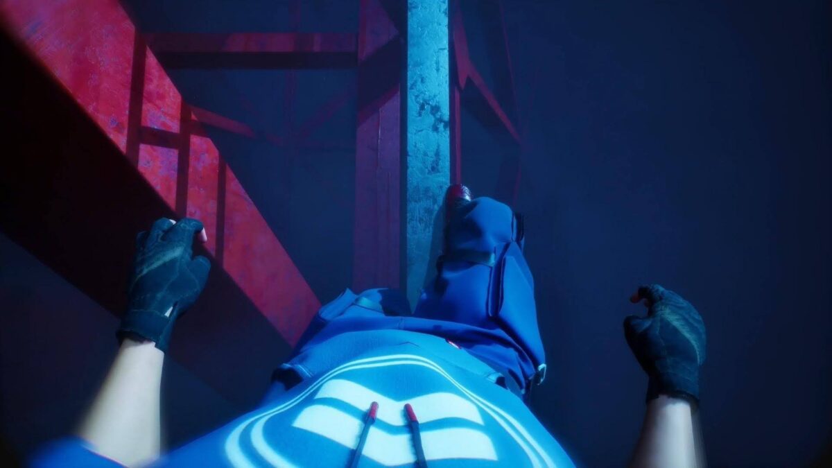 First-person view of a climber gripping the red beams of the tower in BrokenLore ASCEND