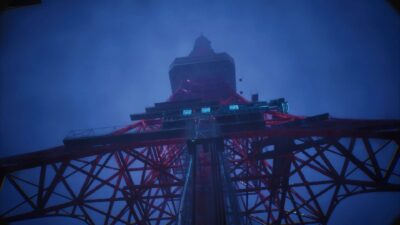 Looking up at the red steel lattice of Tokyo Tower at night in BrokenLore ASCEND