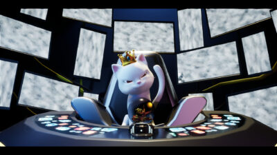 Ophelia the crowned white cat villain sits on a throne surrounded by screens in Capyverse Odyssey