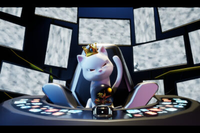 Ophelia the crowned white cat villain sits on a throne surrounded by screens in Capyverse Odyssey