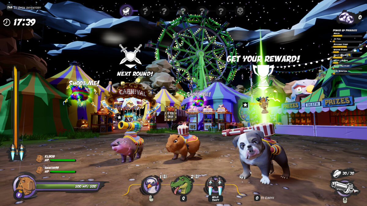 Moody the baby hippo, Capy the capybara and Jim the bulldog with jetpacks at a night carnival in Capyverse Odyssey