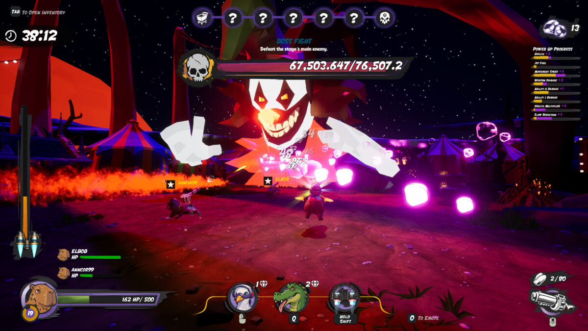 A giant grinning clown boss attacks the capybara squad in a nightmare carnival in Capyverse Odyssey