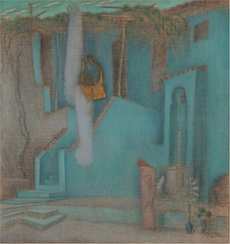 Constantinos Parthenis painting Annonciation in turquoise and pale tones, with the lyre of the Archangel Gabriel