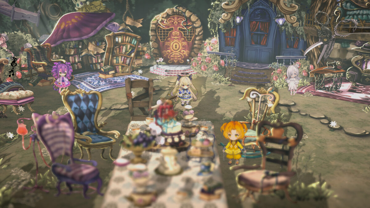 Alice stands among the chairs and cakes of the Tea Party Hall in CRYMELIGHT