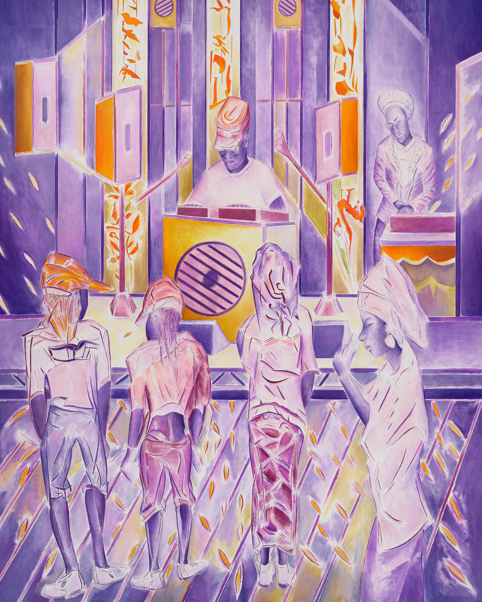 Denzil Forrester painting Professor Version, a violet and orange dancehall scene with a DJ at the decks and dancers seen from behind