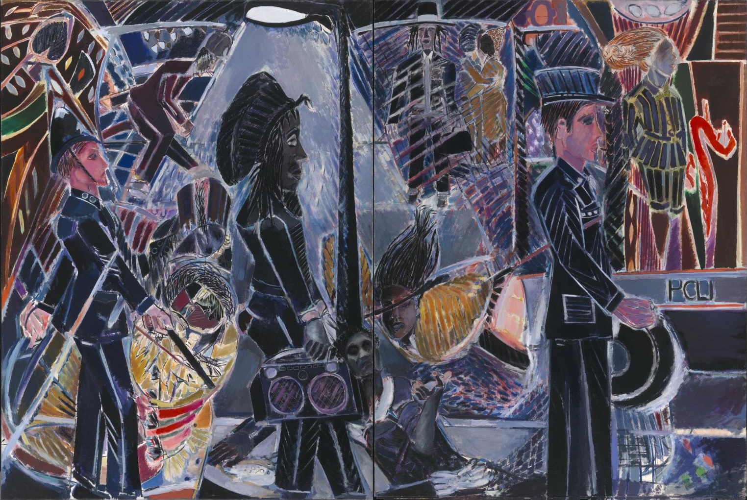 Denzil Forrester painting Three Wicked Men, a two-panel nightclub scene with uniformed police officers and dancers under a street lamp