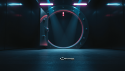 An open steel vault door glowing in the dark with a tiny key on the floor, illustrating eMudhra's weak certificate keys