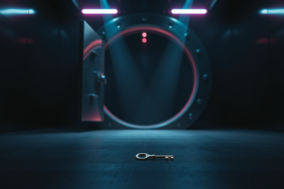 An open steel vault door glowing in the dark with a tiny key on the floor, illustrating eMudhra's weak certificate keys