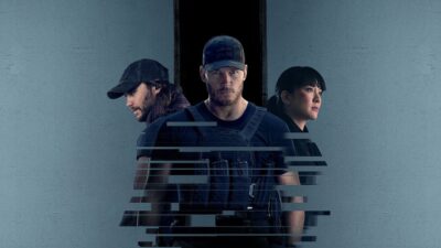Chris Pratt as James Reece in a plate carrier and cap, flanked by Taylor Kitsch and Constance Wu in key art for The Terminal List