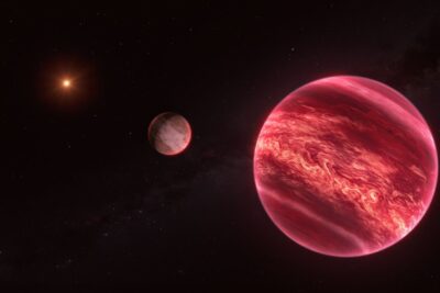 Artist rendering of the CD-35 2722 system with a red dwarf star, a brown dwarf and the candidate exosatellite that orbits it