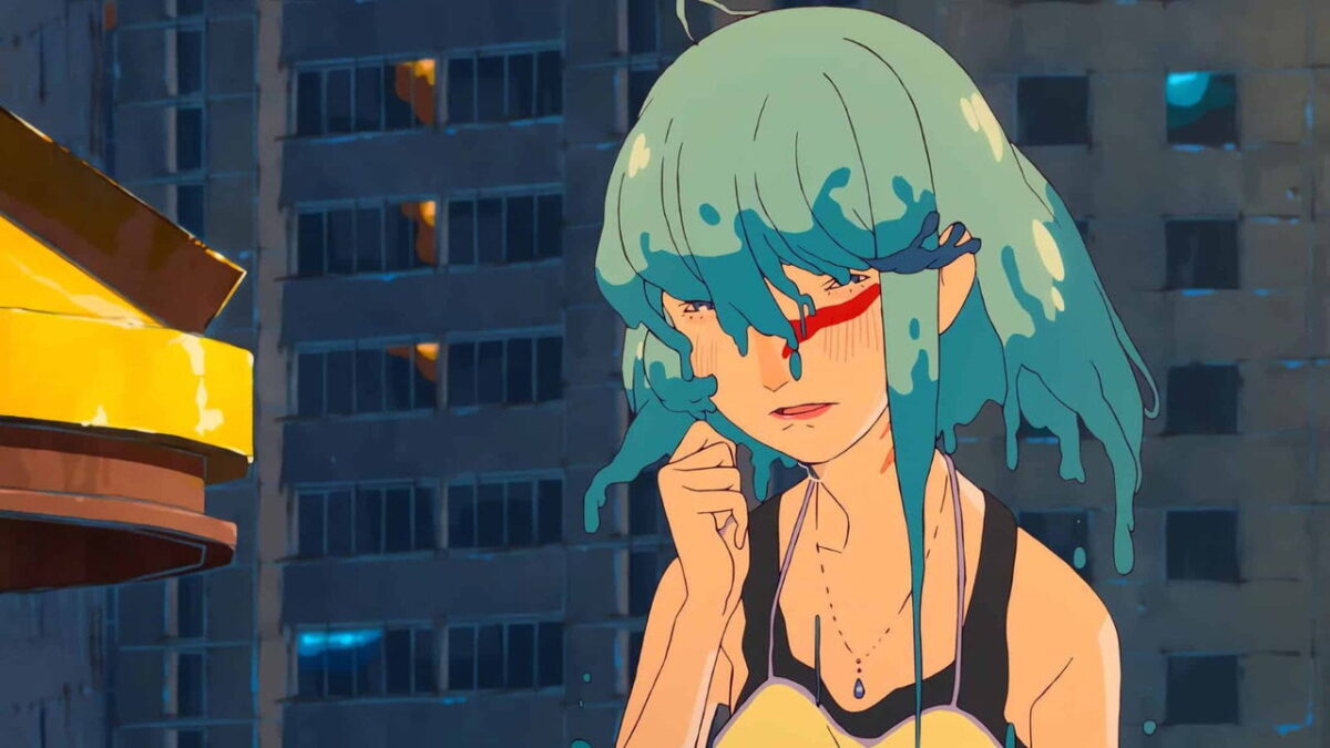 A teal-haired young woman in a city street in a still from the Studio 4°C animated film ChaO (2025)