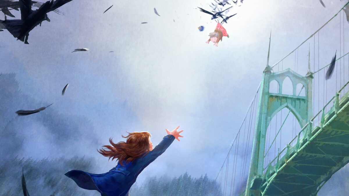 Promotional artwork for Wildwood showing Prue reaching for her baby brother as crows carry him over a Portland bridge