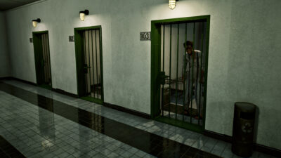 Fire and Ashes screenshot: a patient stands behind the bars of a cell in a tiled psychiatric hospital corridor