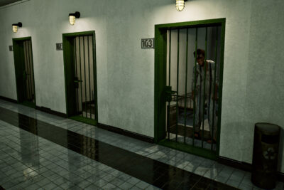 Fire and Ashes screenshot: a patient stands behind the bars of a cell in a tiled psychiatric hospital corridor