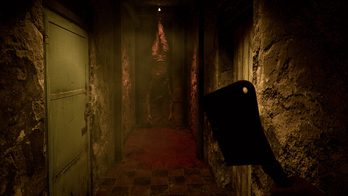 Fire and Ashes screenshot: first-person view holding a cleaver in a decaying corridor with a hanging body