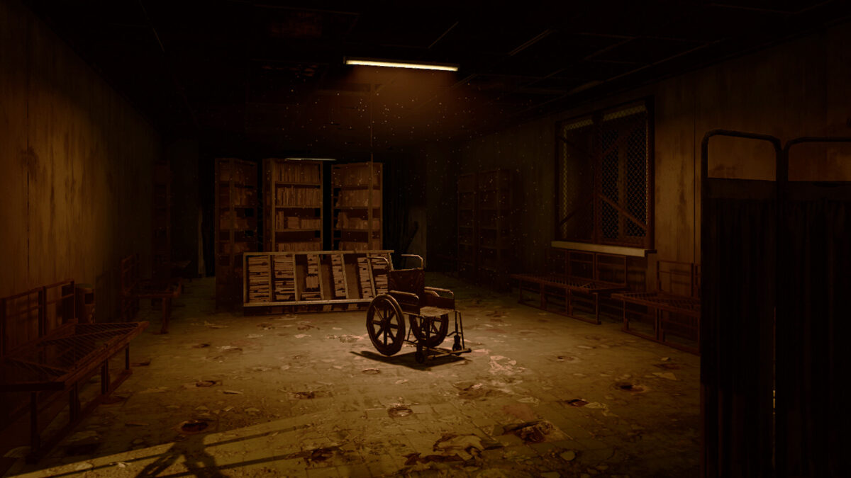 Fire and Ashes screenshot: an empty wheelchair in a dim, abandoned hospital ward