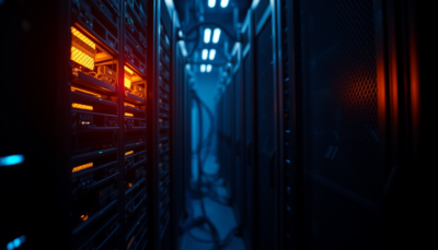Server rack with one unit glowing amber among blue ones