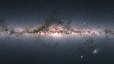 Gaia all-sky map showing the Milky Way as a bright horizontal band of stars crossed by dark dust lanes, with the glowing galactic centre in the middle and two small satellite galaxies below right