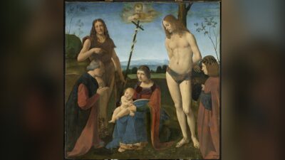 Pala Casio altarpiece by Giovanni Antonio Boltraffio: the Virgin and Child seated in a landscape between Saint John the Baptist and Saint Sebastian, with two kneeling donors
