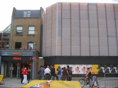 Exterior of the Young Vic theatre on The Cut in London with its metal mesh facade